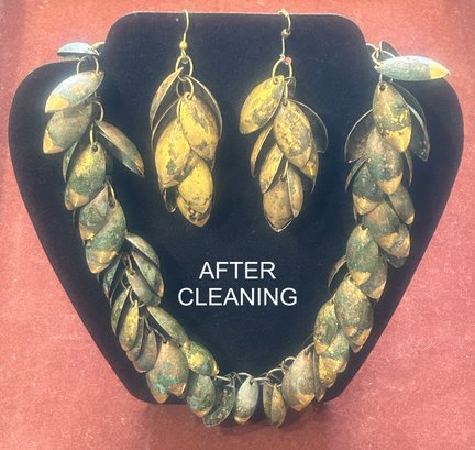Vintage 3 Pcs Brass 21' Necklace And Matching Earrings, Great Patina!