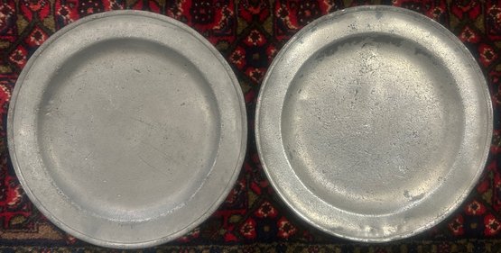 2 Pcs 12-1/8' Diam. Pewter Charger Or Platter, One With Faint Hallmarks