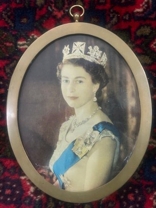 Vintage Framed Color Picture Of Queen Elizabeth II In Heavy Oval Brass Frame, 6.5' X 8'H