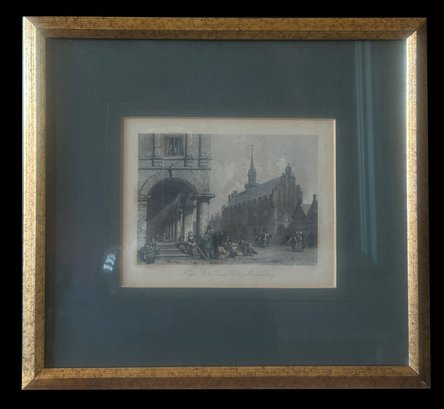 1840 Hand Colored Etching Of High Street & Town Hall Marienberg, Germany, 11.75' X 10.75'H, J. Havell Engraver