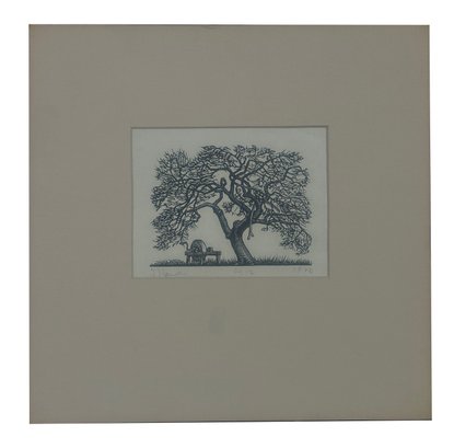 1923 Matted Block Print Of Tree With Stone Axe Sharpener, Matt 10' Sq.
