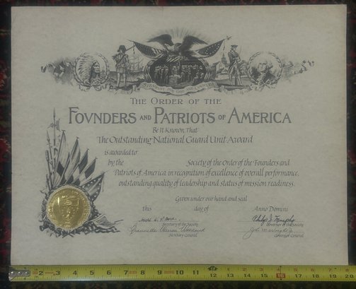 Vintage Founders And Patriots Of America The Outstanding National Guard Unit Award - Blank Signed