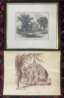 2 Pcs Antique Framed Matted Etching Of Sir William Pepperell's House, Kittery, Maine 10.5' X 9.5' And Other