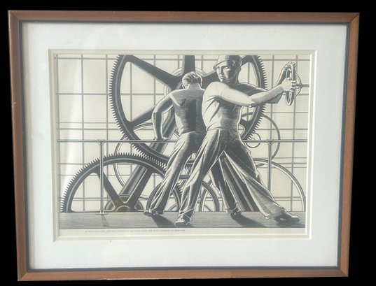 1929  Rockwell Kent Art Deco Lithograph ' Industry's Wheels', Framed And Double Matted,14.75' X 11.75'H