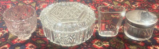 4 Pcs Crystal - Round Lidded Pressed Glass Dresser Box, 4.75' Diam., Cut Glass Bobeche, Vase And SP Lidded Box