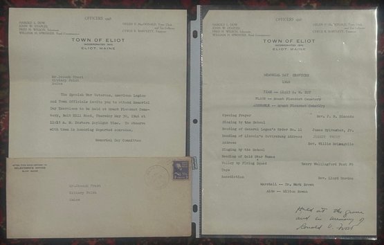 1946 Letter & Envelope From Town Of Eliot, ME Inviting Joe Frost To Attend Memorial Day Service