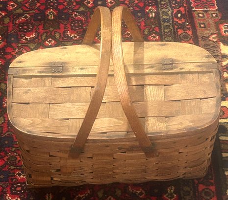 Vintage Double Swing Handle Lunch Basket With Hinged Lid, 15' X 10' X 7' (Handles Down)