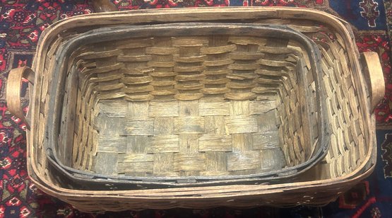 2 Antique Woven Split Wood Laundry Or Storage Baskets, Largest 27.5' X 17' X 11.5'H