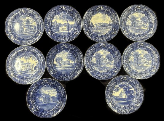 10 Pcs Antique 9.25' Diam. Wedgwood Blue & White Historical Homes Including 3 Pepperrell Mansion And Others