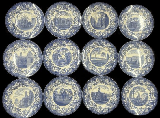 12 Pcs 1927 10-3/8' Diam. Wedgwood Blue & White Plates With Historical Harvard's Building