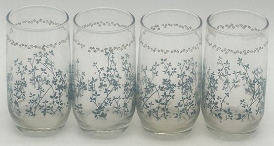4 Pcs Vintage Milk Glasses With Blue And Tan Floral Design, 2.5' Diam. X 5'H