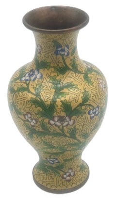 Vintage Chinese Cloisonne Enamel On Brass Vase, 5' Diam. X 9'H