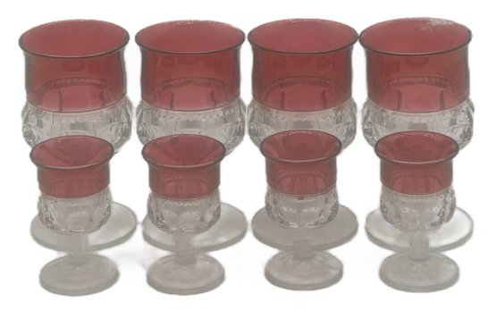 8 Pcs EAPG Clear & Cranberry Stemmed Glassware, 4 Wine Glasses, 5.75'H & 4 Cordial Glasses