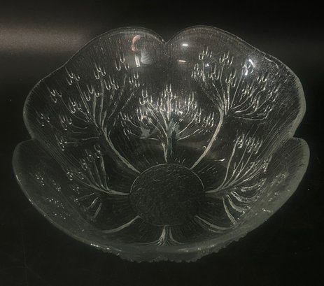 MCM Finnish Iittala Art Glass 4-Petal Bowl With Embossed Design, 9-1/4' Diam. X 3-7/8'H
