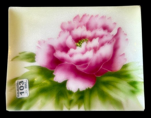 Vintage Japanese ANDO Cloisonne Rectangular Plate With Pink Peony Design, 9-3/8' X 7'