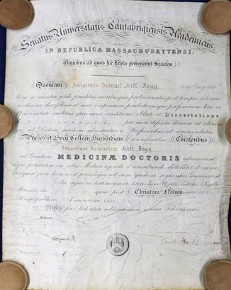 1850 Diploma From Harvard University To Johannes Samuel Hill Fogg For Medical Doctor