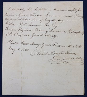 1820 Letter From Naval Surgeon Robert Livingston Thomas Regarding 3 Sailors Unfit For Service