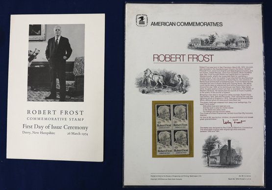 Robert Frost Commemorative Stamps And First Day Cancel Plus First Day Of Issue Ceremony Booklet
