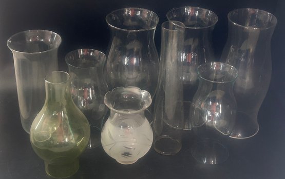 9 Pcs Lot Of Various Glass Hurricane And Lantern Shades, Clear, Green And Etched, Tallest 12.75'H