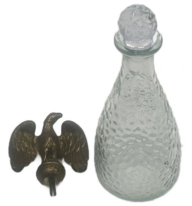 2 Pcs Vintage Brass Eagle Finial, 3-3/8'H And Clear Pressed Glass Cruet With Stopper