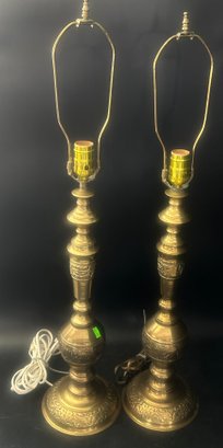 2 Pcs Vintage Brass Lamps With Middle Eastern Or Asian Motif, 7' Diam. X 31'H