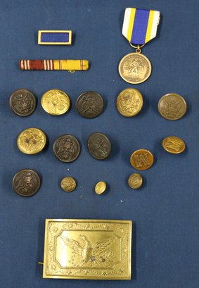 Military Lot - Brass Belt Buckle - Buttons - Ribbons