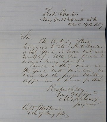 Three 1857 Letters To/from Commander - Portsmouth Navy Yard Sick Quarters Regarding A Cookstove