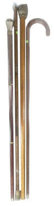 4 Pcs Vintage Walking Stick Canes, Including Brass Owl On Oak Shaft, 37.25'L, One Breaks Down To 3 Pieces