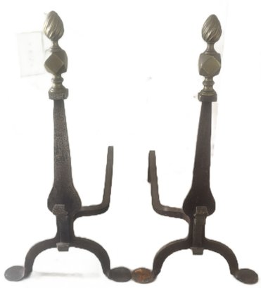 Antique Pair Wrought Iron & Brass Fireplace Andirons, 12.25' 21.25' X 24.5'H