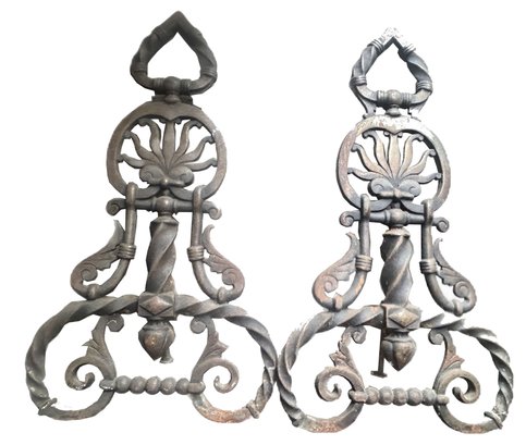 Pair Antique Wrought Iron And Brass Fireplace And Irons, Supports Stamped National Foundry, 11' X 21' X 24'H