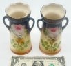 2 Pcs Matched Pair Double Handled Hand Painted Vases, 5.25'H