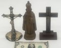 3 Pcs Vintage Catholic Religious Items, 1-Metal & 1-Wood Crucifix And Gold Metal Infant Of Prague Statue, 8'H