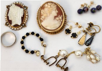 10k & 14k Vintage Lot: 2 Cameos, One W/real Pearls & Diamonds A Ring & More