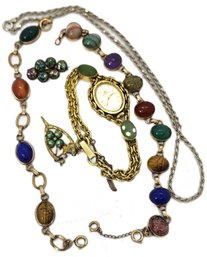 Bucherer Watch, Carved Stone Scarab In Gold Filled Bracelets, Sterling Chain & 2 Pins