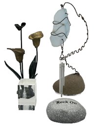 4 Pcs Unrelated Decor - Bronze Double Calla Lily Candlestick Holder, Desktop Wind Chime And Others