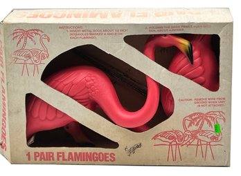 Vintage Pair Pink Plastic Garden Yard Flamingoes On Wire Stake Legs, In Original Box