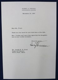 1957 Letter To Joseph W.p. Frost From Harry S. Truman
