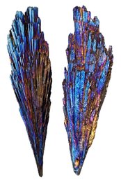 2 Pcs Blue Iridescent Titanium Aura Kyanite Fans Stone Rocks Crystals, 4'L