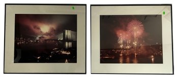 2 Pcs Black Metal Framed Nighttime Pictures With Fireworks Over Harbor Scene, 25.75' X 22.'H