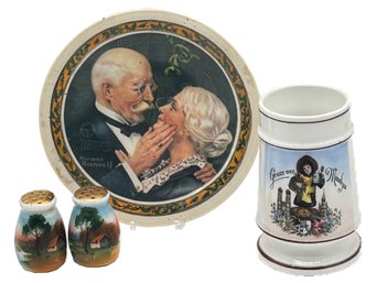 4 Pcs - 1976 8' Diam. Norman Rockwell X-Mas Plate, Pair Hand Painted Salt & Pepper Shaker & Stein