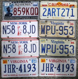 Eight Out Of State License Plates - California - Oklahoma - Virginia - New York - 3 Set Of Pairs