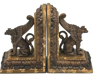 Decorator Pair Griffin Themed Aged Brass Colored Plaster Bookends, Each 5.25' X 4.25' X 7.75'H