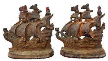 Antique Pair Galleon Ship Bookends, Stamped G15, Each 4.75' X 1.75' X 5.25'H