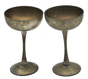 2 Pcs Vintage Pair Silver Plated Brass Stemmed Champagne Goblets, 3.75'Diam.  X 6.25'H