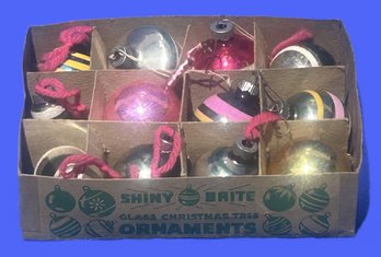 12 Pcs Vintage Shiny Glass Christmas Tree Ornaments In Original Box, Barn Find As Found
