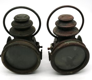 Pair Of Antique E & J Of Detroit, Mich, Kerosene Lamps In Brass For Carriage Or Automotive