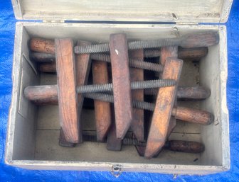 Lot Of Wooden Clamps In Wooden Crate, 19.5' X 14.25' X 11.25'H, Barn Find As Found