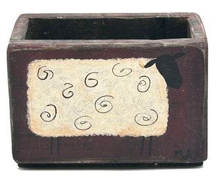 Country Primitive Vintage Wooden Box In Ox Blood Red Paint With Sheep, Signed 'ML' 9.25' X 5' X 6.25'H