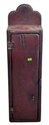 Vintage Country Primitive Single Door Wall Cabinet With Shaped Bonnet & Leather Hinges, 7.25' X 6' X 26'H