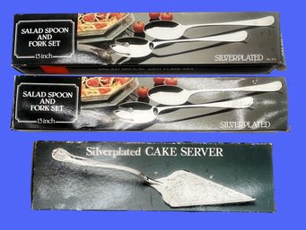 5 Pcs Silver Plate 2 Boxes Salad Spoon & Fork Set And Caker Server, New Unused - Barn Find As Found